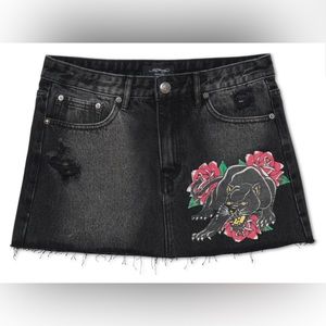 Ed Hardy Panther Rose Black Denim Mini Skirt Size Large